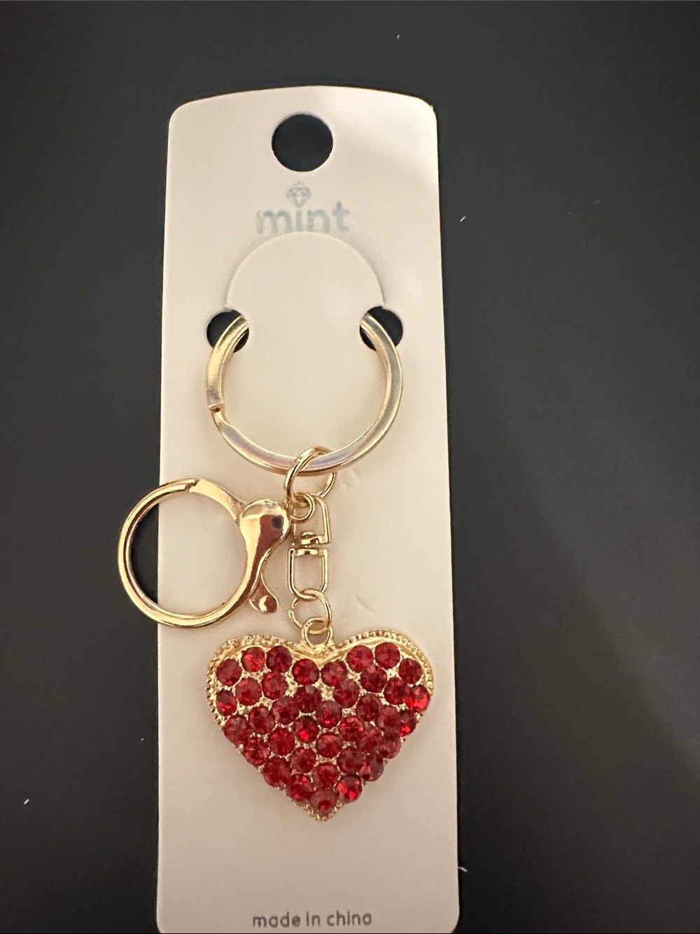 Mint Gold Heart Keyring with Red Crystal Accent